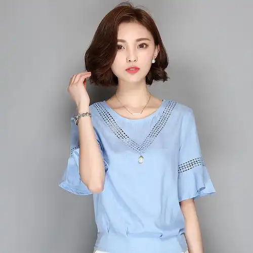 夏装新款大码女装棉麻花边镂空圆领短袖打底衫女上衣荷叶袖短t恤