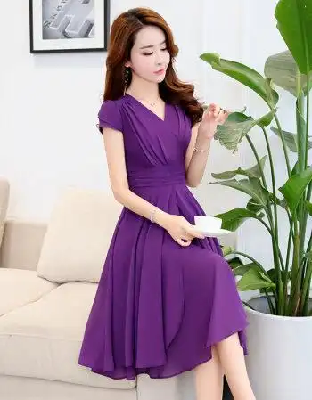 时尚夏装雪纺连衣裙中长款2018夏天新款修身显瘦气质不规则a字裙 紫色