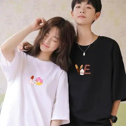 atee原创不一样的情侣装love男女2021新款夏可爱设计黑白半袖t恤