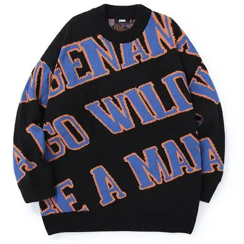 老店正品genanx英文字母印花宽松圆领套头毛衣针织衫