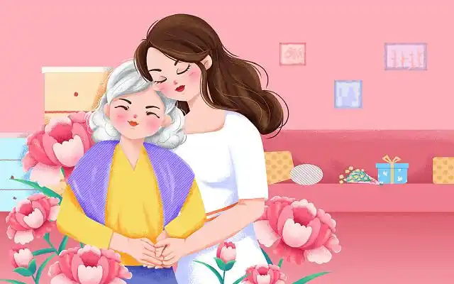 母亲女儿家庭温馨牵手粉色康乃馨全家福彩色卡通手绘新年春节牛年一