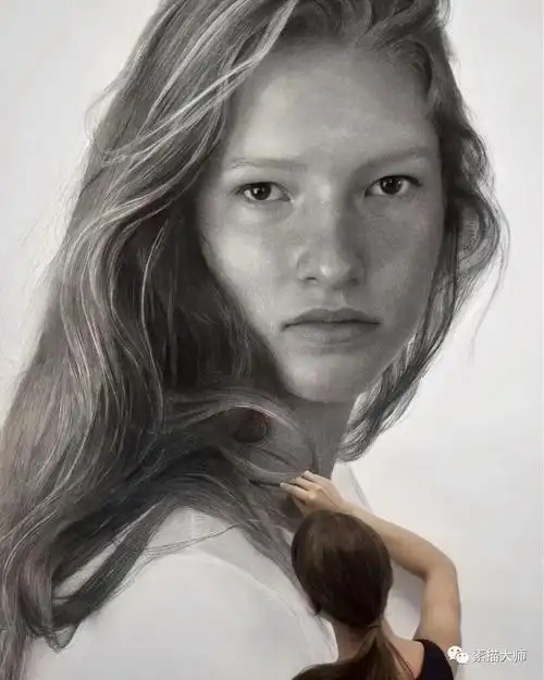 巨幅炭笔肖像素描,美国美女画家克利奥·牛顿作品