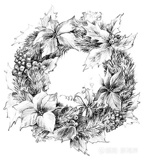 圣诞花环, 圣诞树, 圣诞花, 新年背景的槲寄生装饰素描