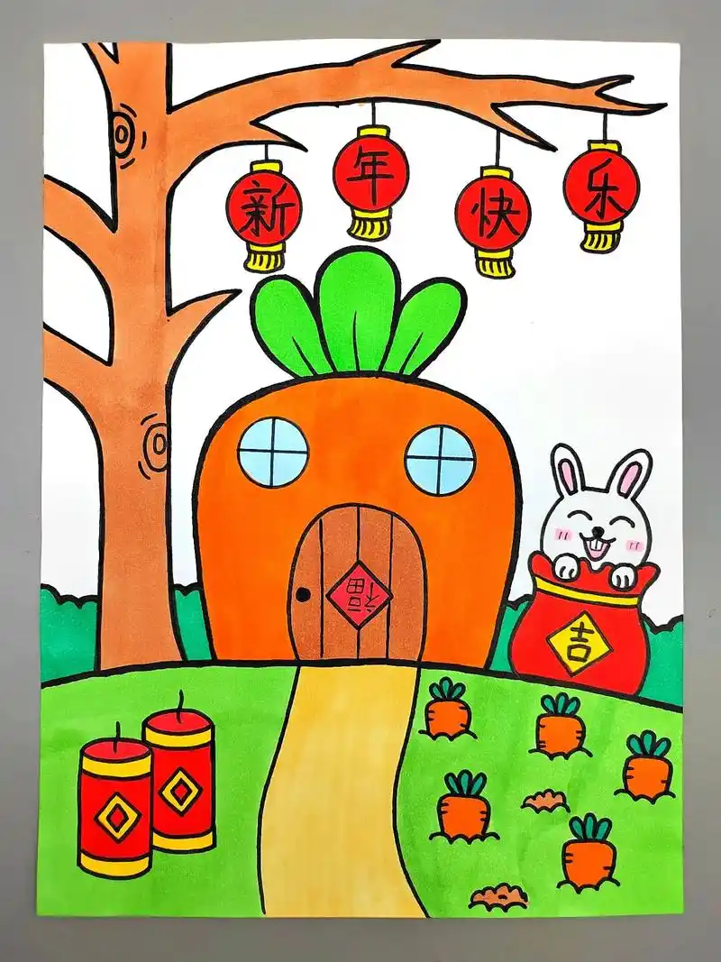 简单又好看的新年主题创意画合集来咯,快收藏起来和孩子一起画画 - 抖