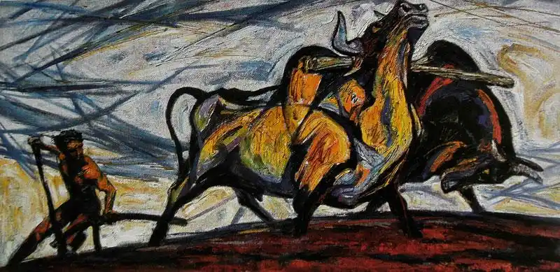 59.姚钟华-阿!土地-94cmx180cm-1981年 木板裱纸油彩