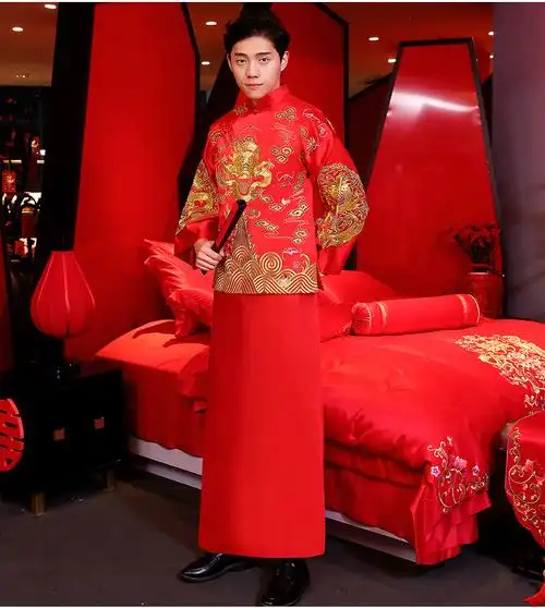 秀禾服男2019新款中式男士服结婚龙凤褂新郎男装婚礼涤纶秀禾红色