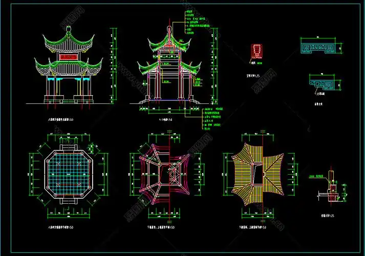 现代中式八角亭cad施工图观景亭cad竣工图下载