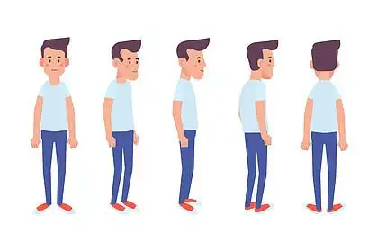 正面背面3/4视图动画人物. 卡通风格平面矢量插图.