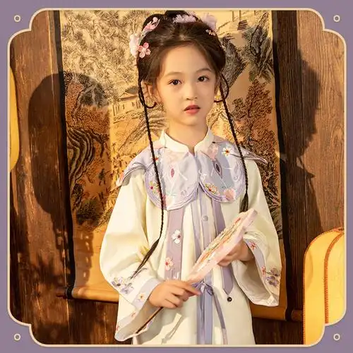 原创高端儿童汉服秋季明制云肩女童超仙中国风紫色古风宝宝古装