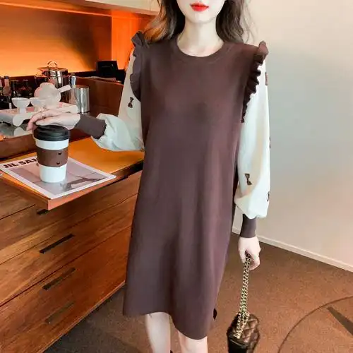 蝴蝶结针织衫连衣裙假两件毛衣裙子打底裙女2021秋冬新款