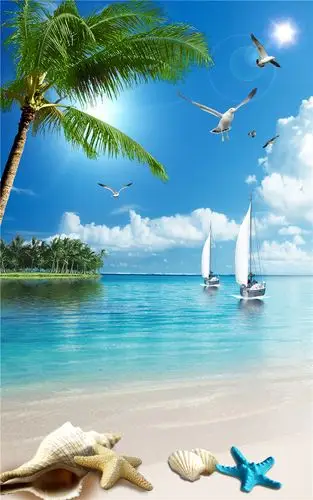 > xxg-566 蓝天白云大海椰树帆船海鸥海星