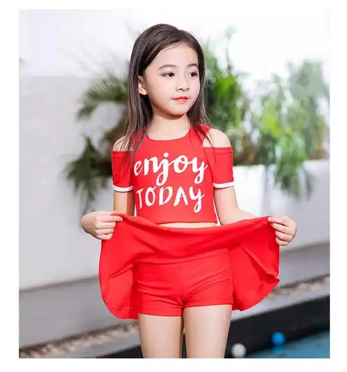 儿童泳衣女孩裙式分体中大童游泳衣女童宝宝可爱运动保守平角泳衣