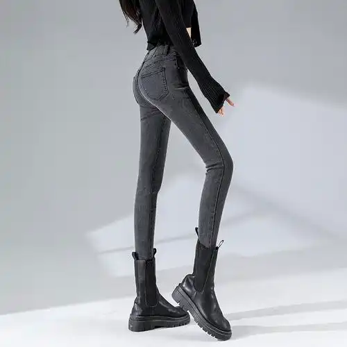 实拍 高品质烟灰色牛仔裤女高腰韩版修身显瘦九分小脚裤牛仔裤