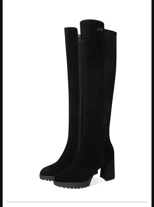 新款女靴高跟圆头粗跟长筒弹力靴女过膝靴超显瘦长筒靴子 黑色绒里