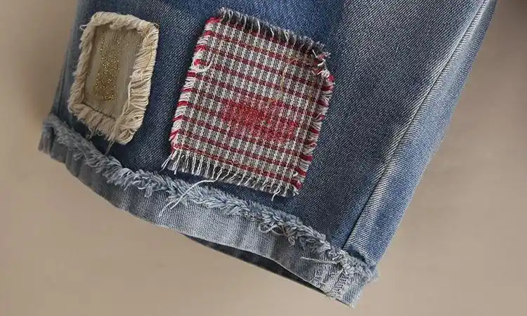 夏季微大码街头嘻哈风补丁贴布牛仔裤女士五分裤彩绘毛边bf阔腿裤