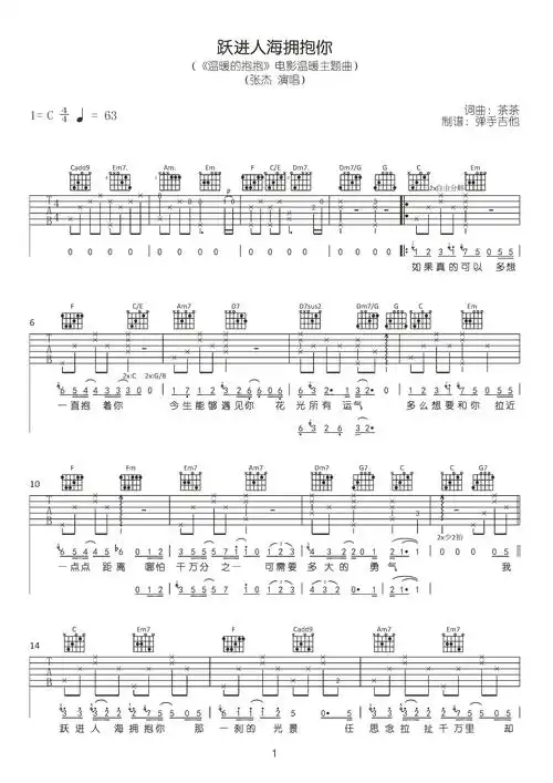 跃进人海拥抱你吉他谱_张杰_c调六线谱_吉他弹唱谱1