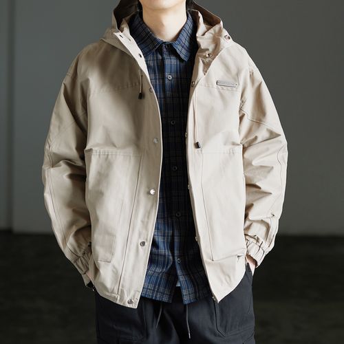 写意秋季新款日系复古工装连帽纯色风衣宽松休闲男生防风上衣外套