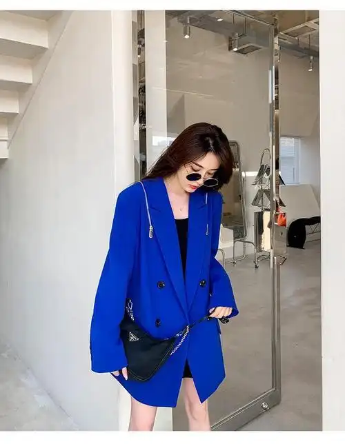 tpjg官方蓝色西装外套女2021春秋新款韩版宽松休闲气质感西服宝石蓝