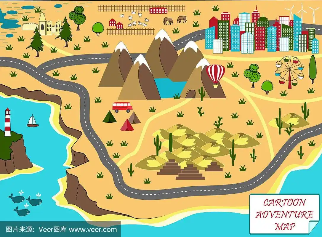 卡通地图与海,山,沙漠和城市
