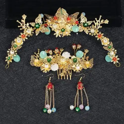 米凤冠公主头饰汉服古代皇后流苏套装凤冠发饰红色秀禾服古装发卡