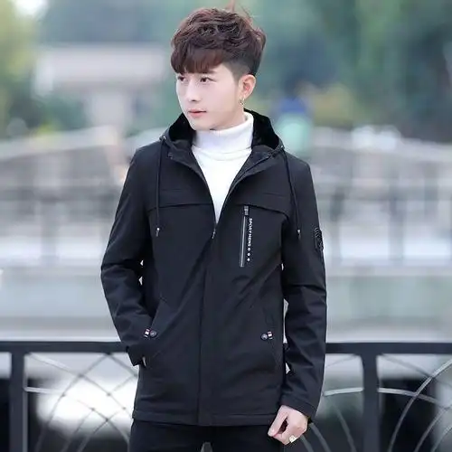 suntek外套男夹克加绒连帽春秋装休闲青年男士风衣中长款韩版衣服男装