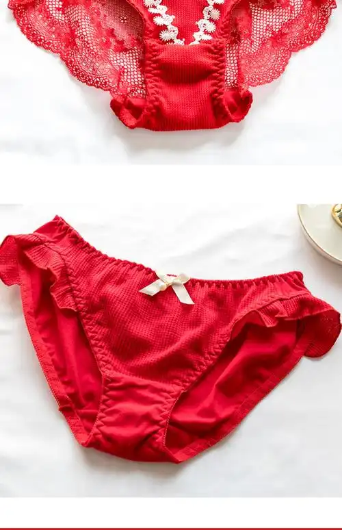 紫寻本命年大红色内裤女蕾丝中低腰三角裤女士裤衩属鼠红内衣 红色a款