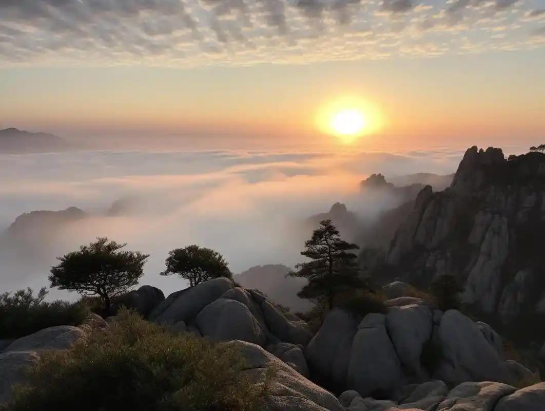 日出,泰山风景,超现实主义,云海.橙红色的日出反映在云海上, - 抖音