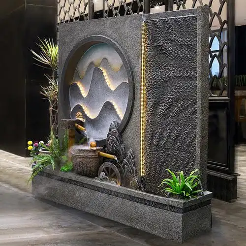 新中式水幕造景水轮风水隔断玄关屏风幕墙水景流水摆件