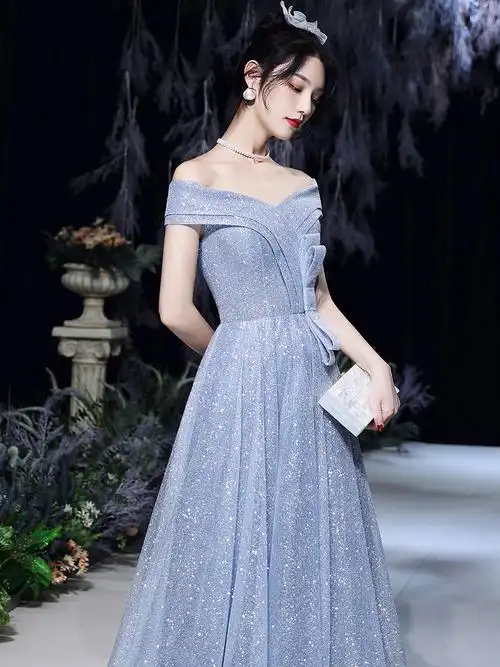 晚礼服裙女气质宴会2022新款主持人显瘦优雅时尚一字肩蓝色连衣裙