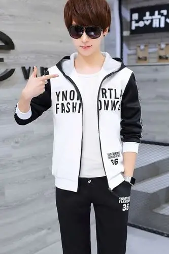 青少年男孩秋冬款加绒套装卫衣男连帽衫初中学生加厚套装帅气衣服