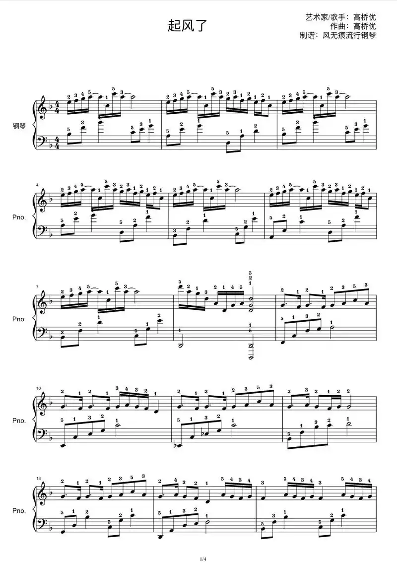 《起风了》钢琴谱 带指法.这首歌版本都比较难,这首还是相对简 - 抖音