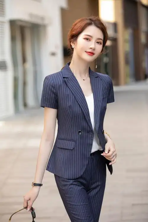 夏季条纹燕尾服短袖职业装女士套裙西装夏季黑色白领女神范工作服