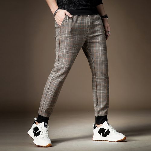 bm男士英伦港风刺绣格子休闲裤男潮潮流百搭休闲裤
