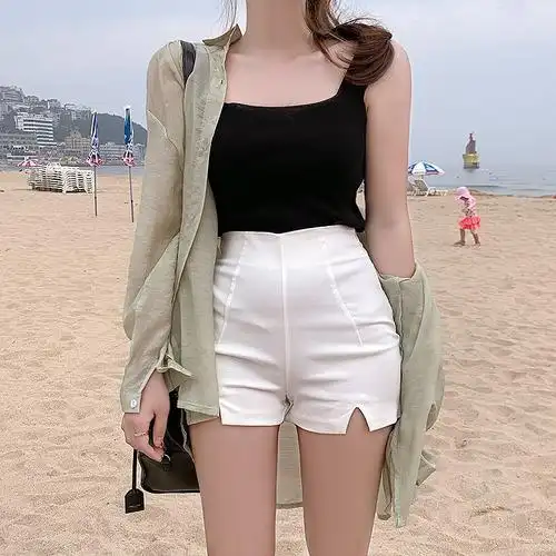 白色短裤女夏2020新款简约开叉高腰运动瑜伽弹力热裤百搭外穿短裤