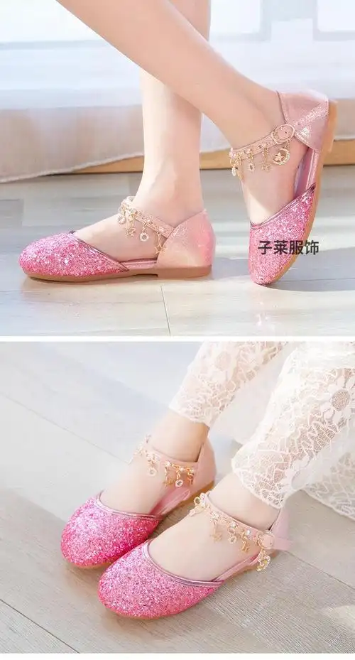 小女孩高跟鞋公主鞋女童包头凉鞋儿童水晶鞋学生银色表演舞蹈皮鞋金色