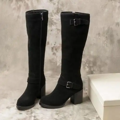 欧美风真皮长靴女冬黑色显瘦及膝靴高跟不过膝磨砂厚底高筒靴加绒