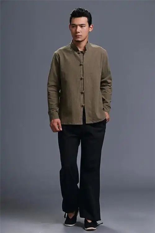 中国风男装立领亚麻衬衫长袖宽松复古男士中式棉麻唐装外套秋季潮唐装