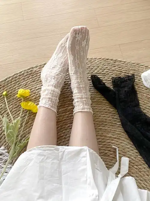 白色蕾丝袜子女夏季薄款网纱仙女jk可爱日系玛丽珍堆堆中筒袜夏天