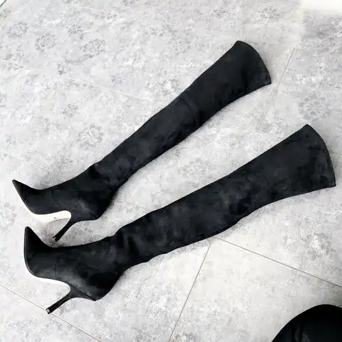 黑色麂皮过膝高跟长筒女靴尖头细跟高跟鞋大码高跟鞋骑士靴
