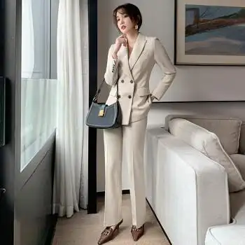 西装套装女高端大气商务休闲时尚修身西服两件套工作服 ygsy2111 米色
