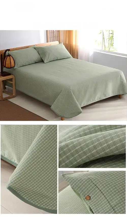 老粗布凉席三件套加厚 尾单 咖三白条 2.0m(6.6英尺)床