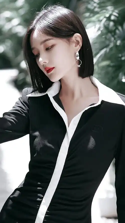 李一桐短发修身黑裙