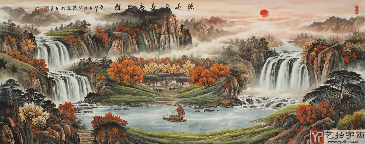 【已售】广西美协欧阳六尺横幅聚宝盆山水画《源远流长广聚财》-写意