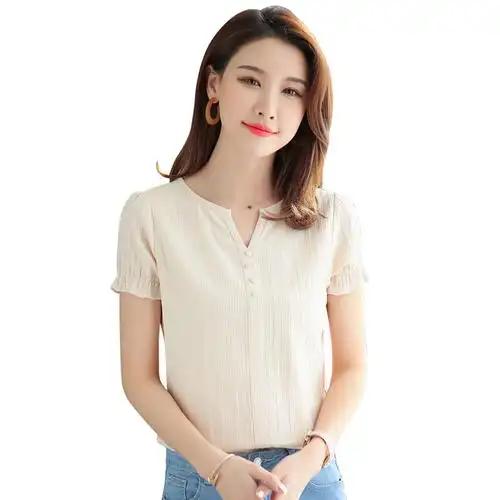 纯棉t恤女短袖 2019夏装新款潮女装韩版韩范 女士衣服夏季v领上衣