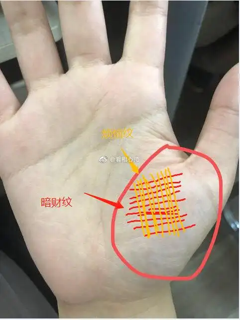 手上的"暗财纹"指的是大拇指根部金星丘位置横向的细纹,一般手上生有