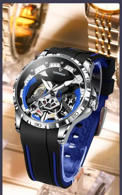 马克华菲(fairwhale)手表男士机械表 硅胶带全自动镂空飞轮时尚商务男