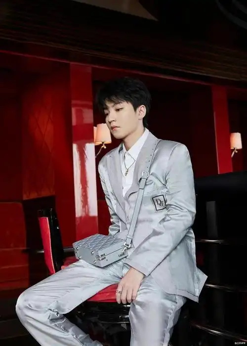 王俊凯参加品牌dior的活动,一身银灰色西装,一条纤细的品牌项链点缀