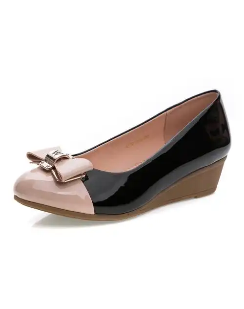 展风2015秋款舒适小坡跟拼接漆皮女单鞋