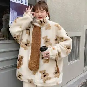 立领小熊羊羔毛外套女秋冬可爱加绒加厚温柔风毛茸茸上衣服ins潮