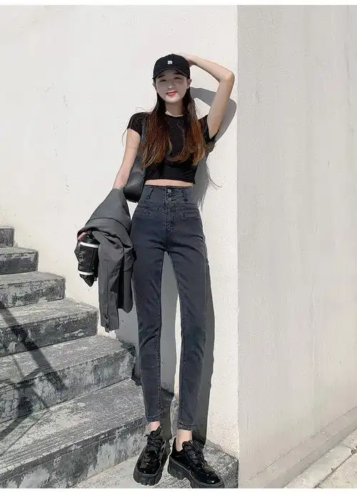 黑色高腰收腹牛仔裤女2021春款韩版显瘦显高紧身弹力小脚铅笔裤
